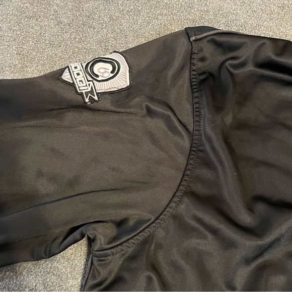 COOGI XL Bomber Track Jacket black red white stripe zipper satin varsity patches - Picture 9 of 12